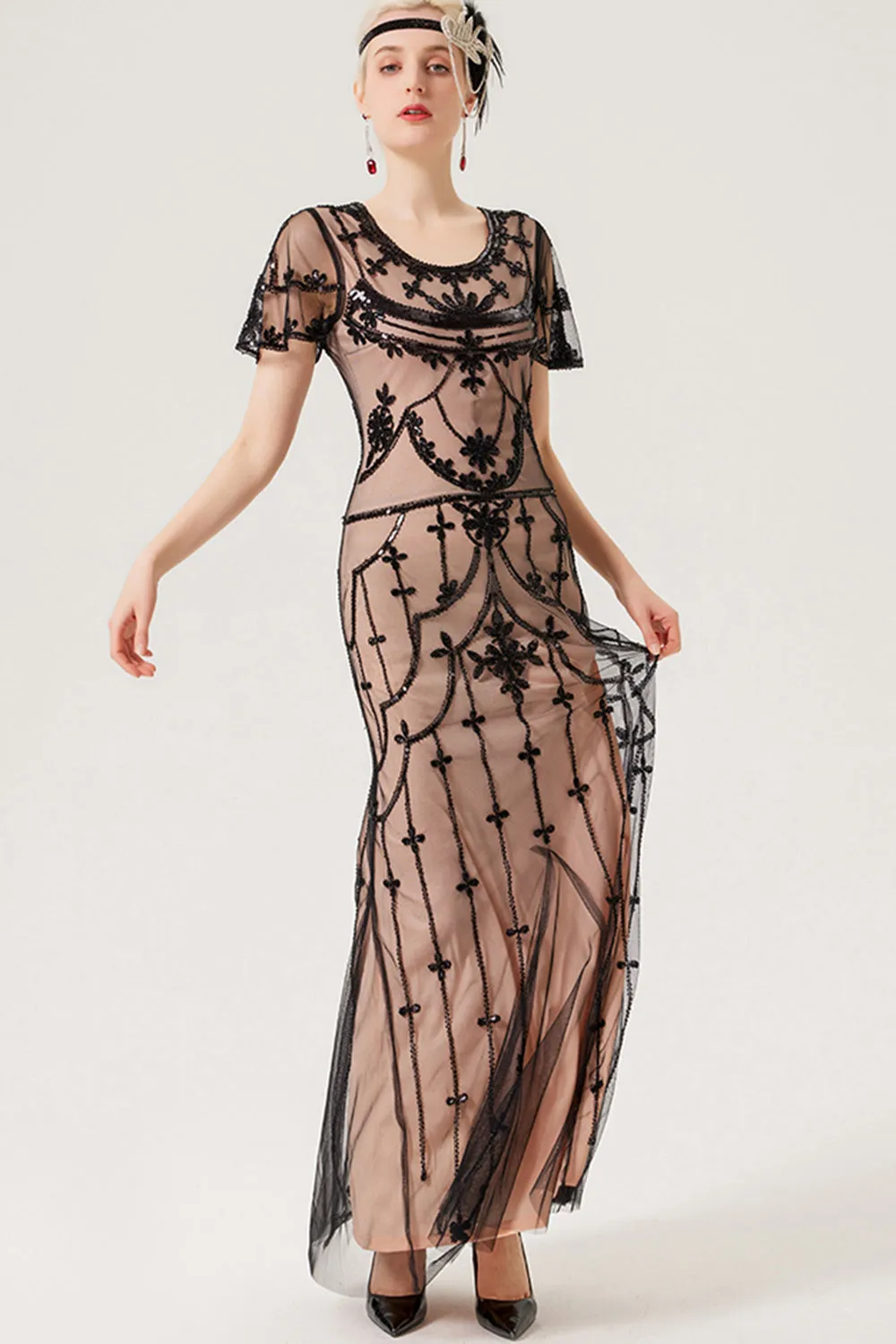 Nero Blush Paillettes Abito Lungo 1920s