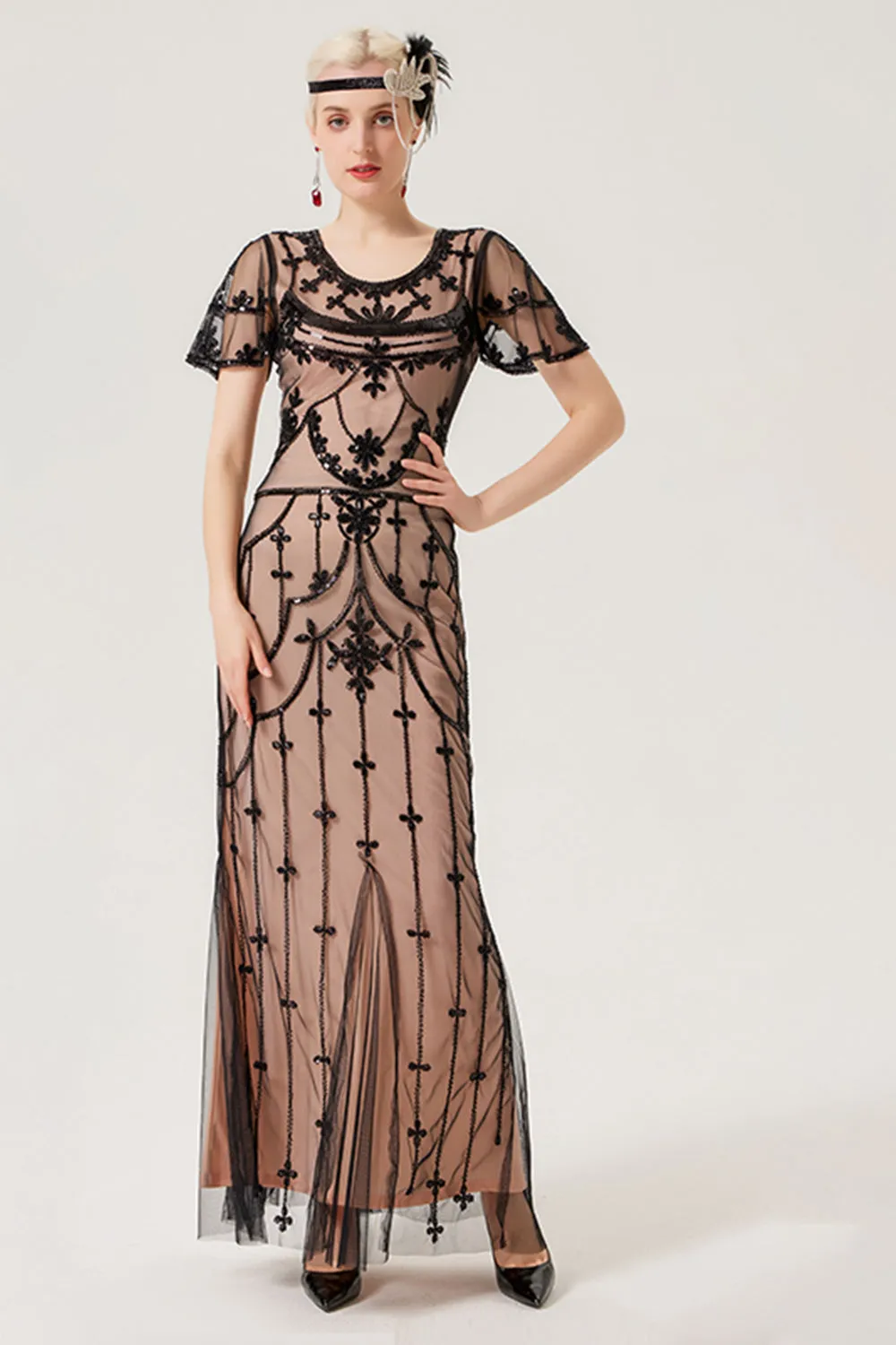 Nero Blush Paillettes Abito Lungo 1920s