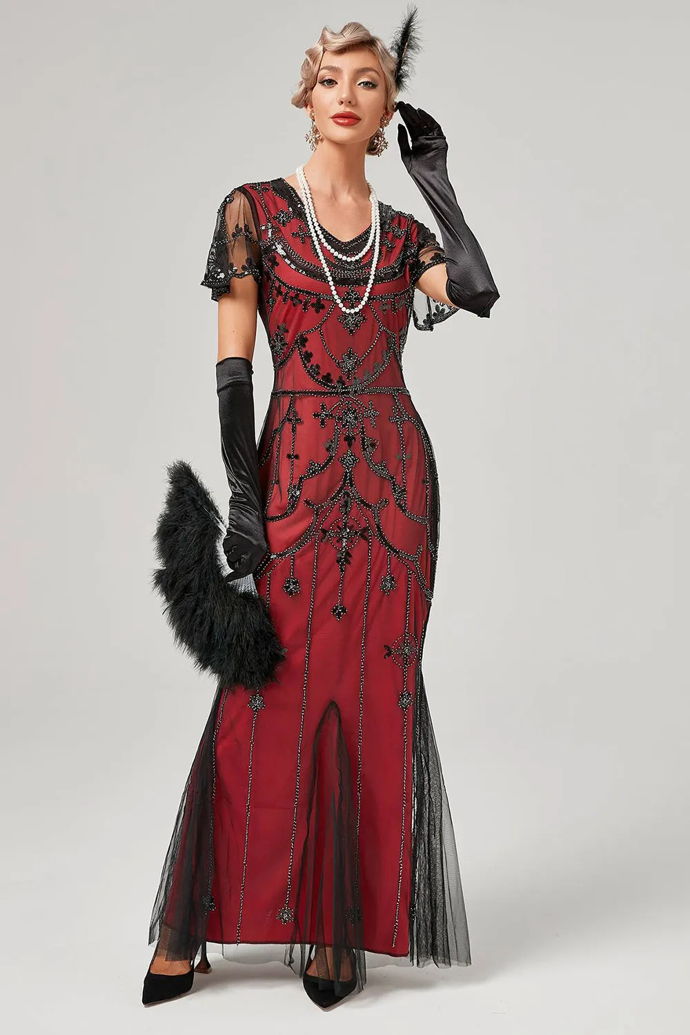 Nero Blush Paillettes Abito Lungo 1920s