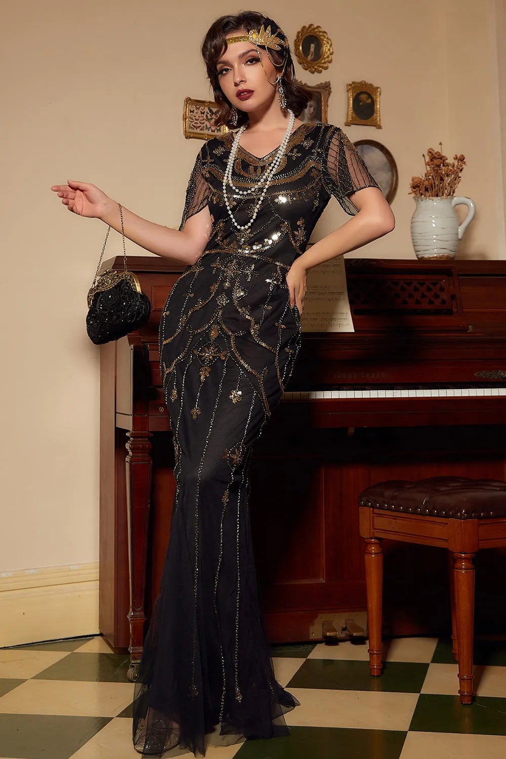 Nero Blush Paillettes Abito Lungo 1920s
