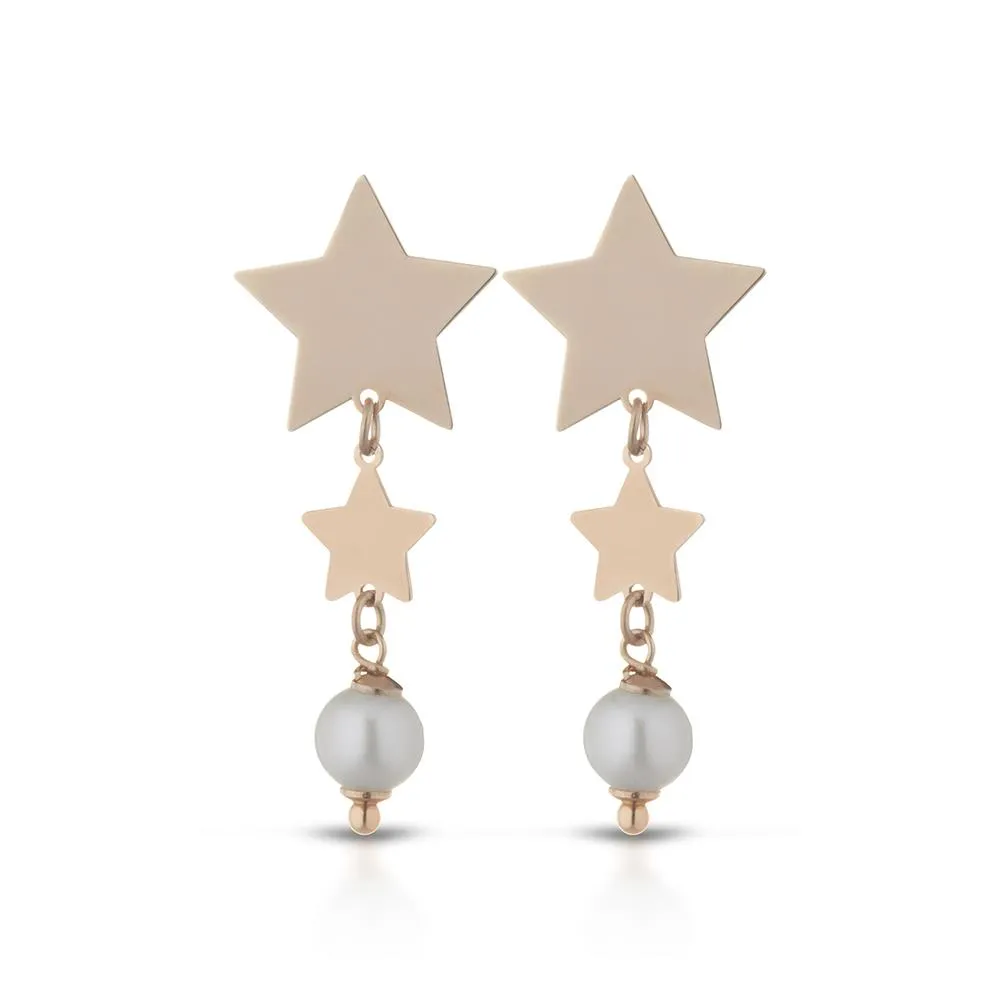 Orecchini pendenti perla fresh water 2 stelle argento rosa