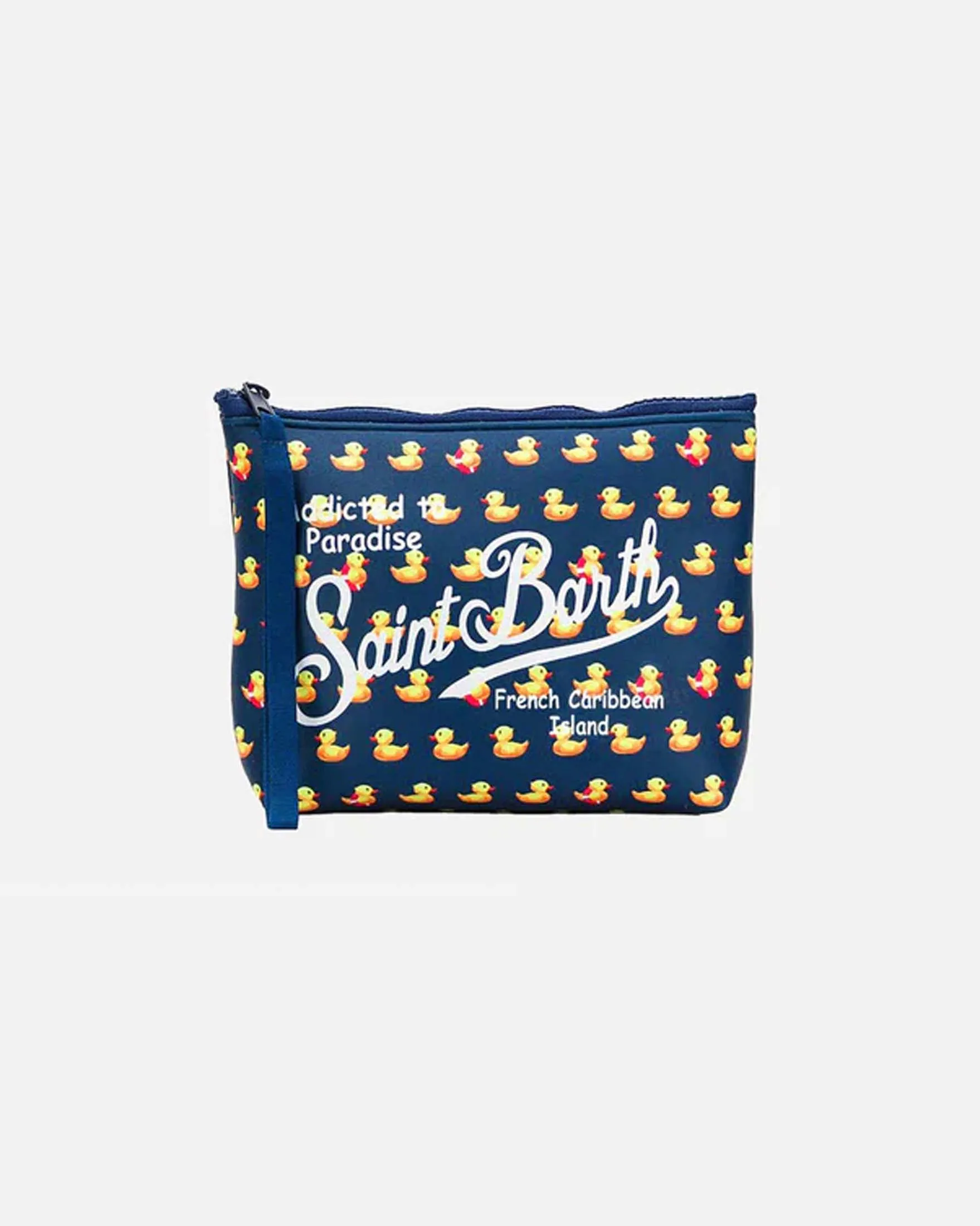 Pochette Aline blu in neoprene con stampa paperelle gialle
