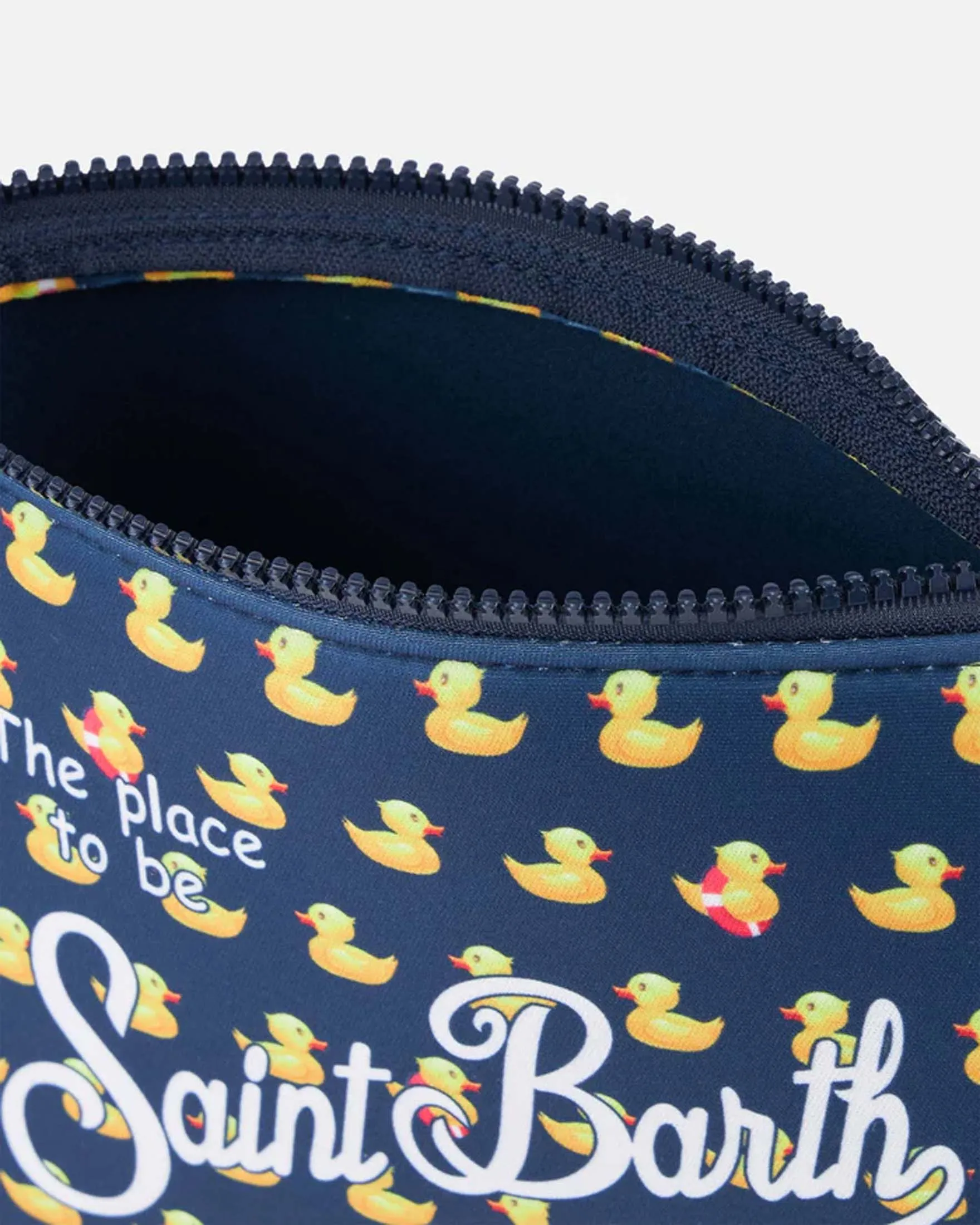 Pochette Aline blu in neoprene con stampa paperelle gialle