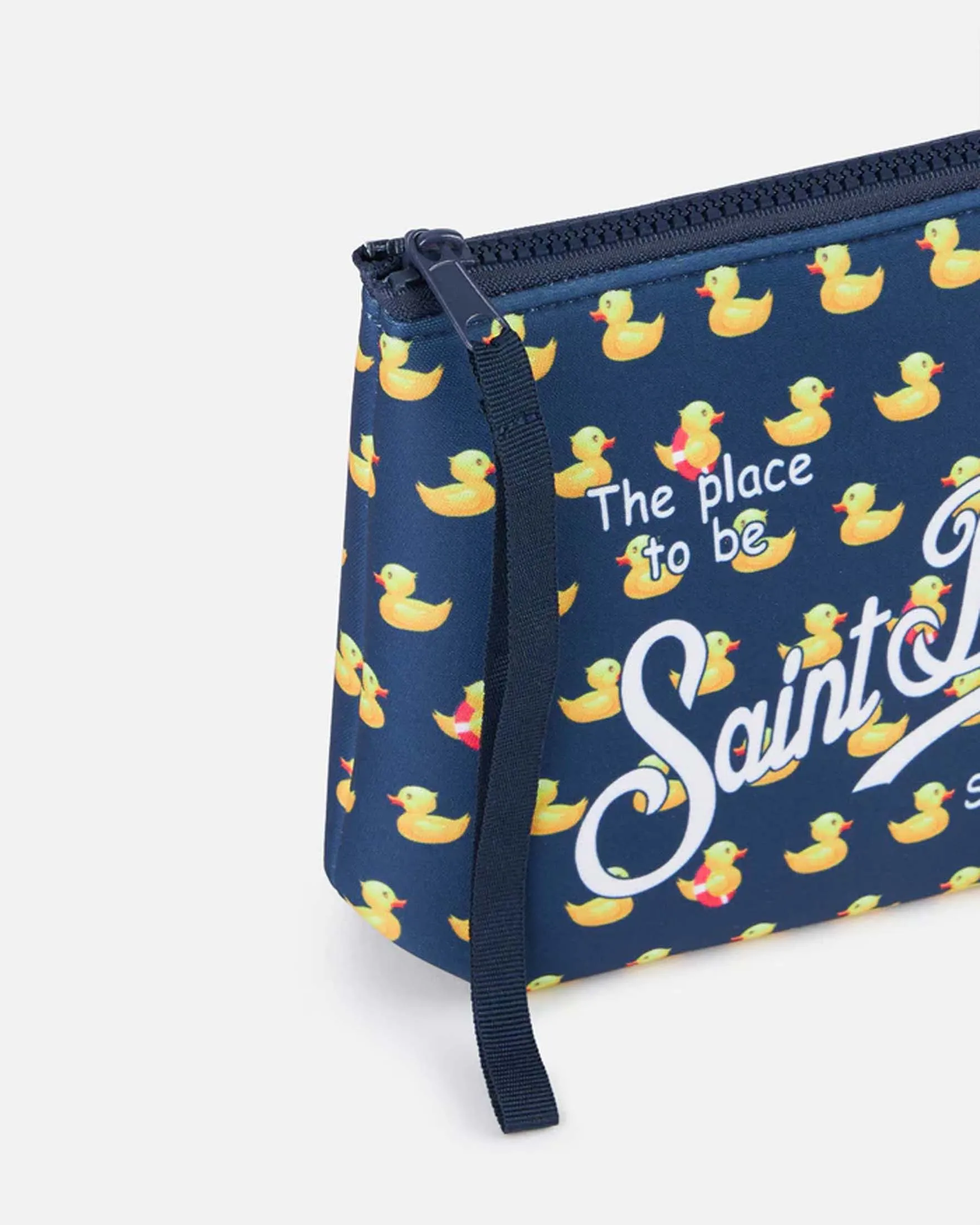 Pochette Aline blu in neoprene con stampa paperelle gialle