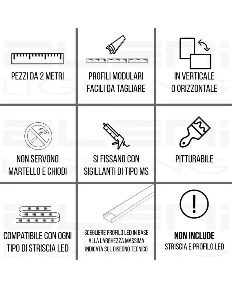 Profilo da Parete o Cartongesso per Strisce Led a Doppia Illuminazione Indiretta in Polistirene Estruso (XPS) DIM.mm 1150X95X95 
