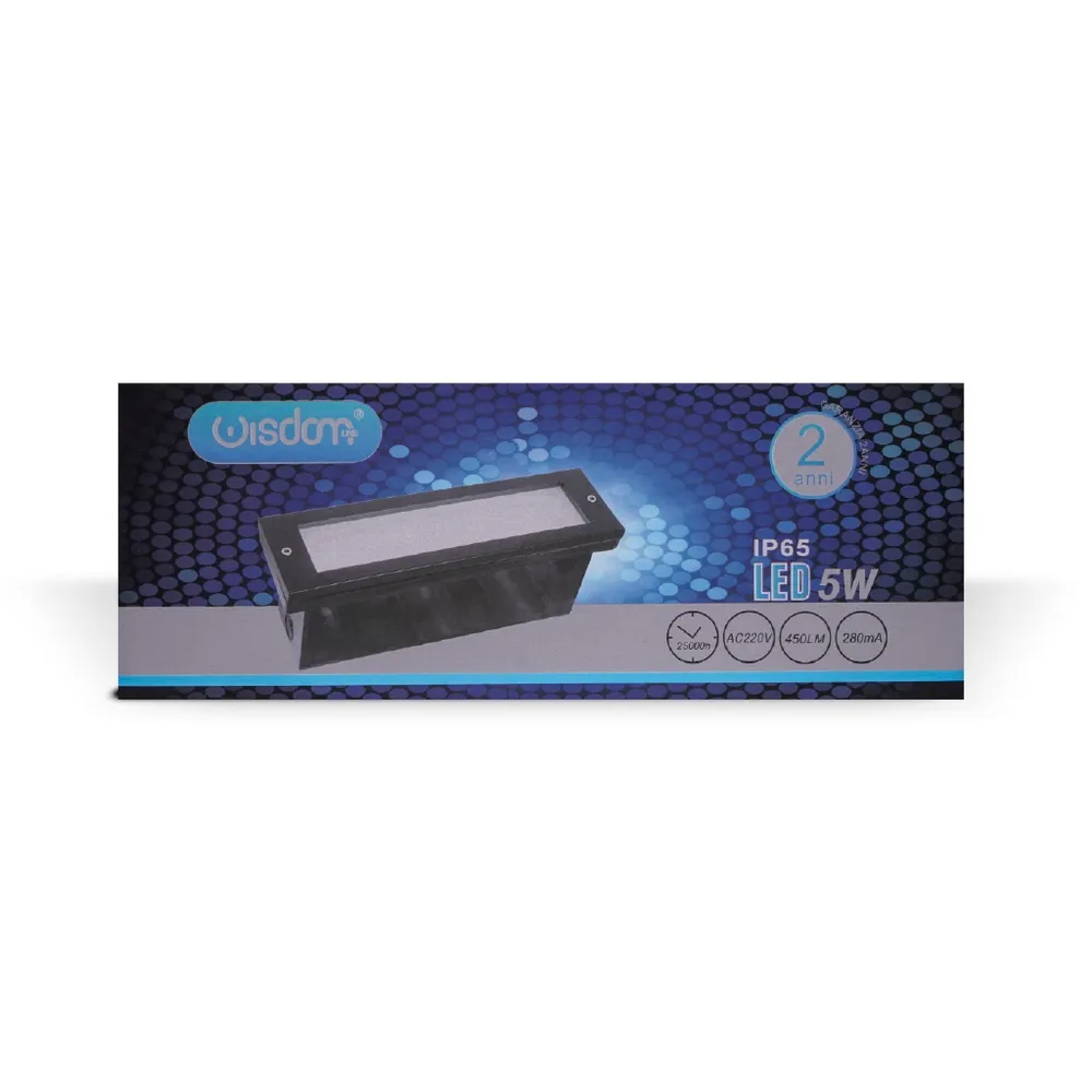 Segnapasso Led Nero 5W da incasso a parete Rettangolare IP65 Bianco freddo 6000K Wisdom