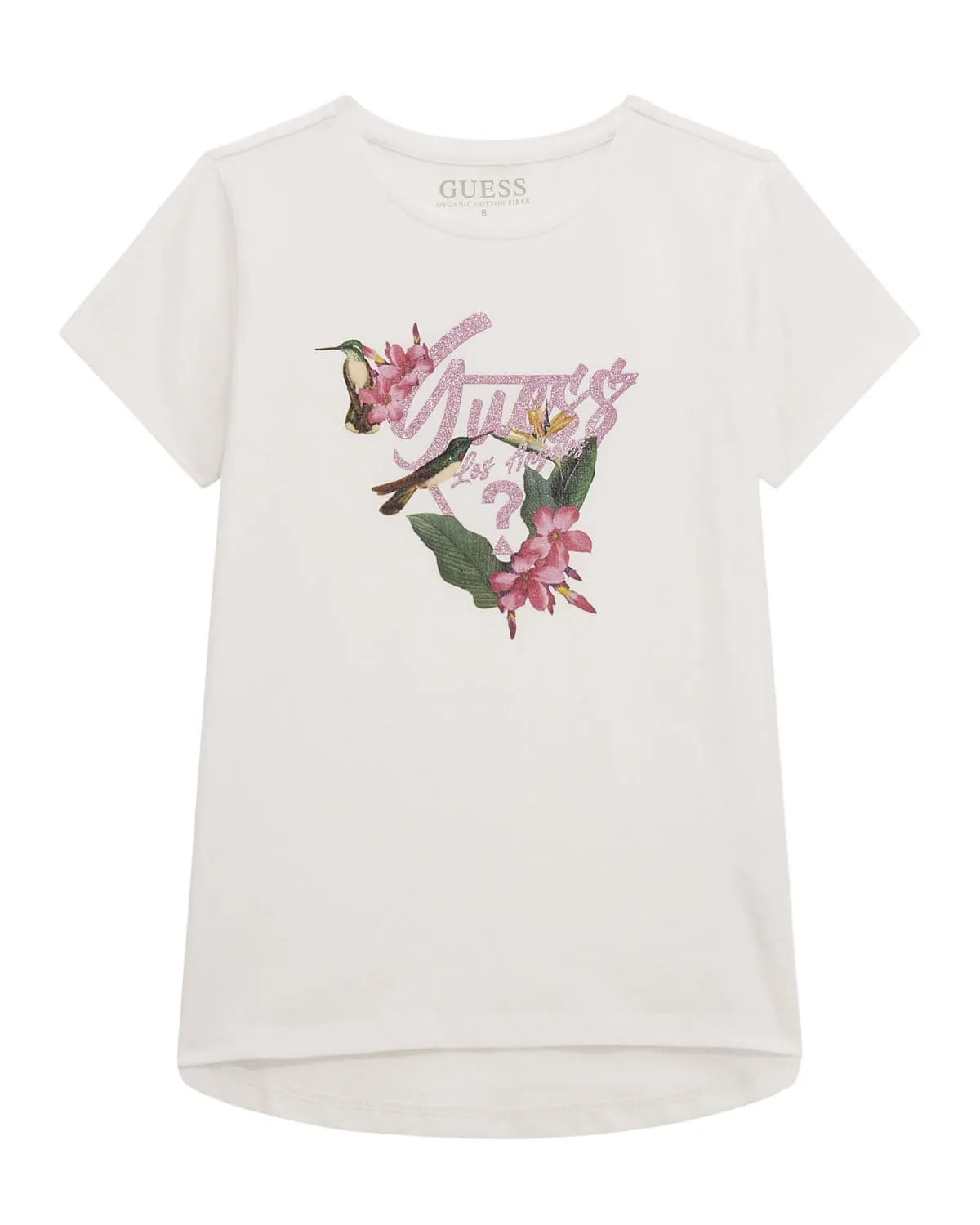 T-shirt bianca in cotone stretch a maniche corte con stampa floreale e logo glitterato 8-16 anni