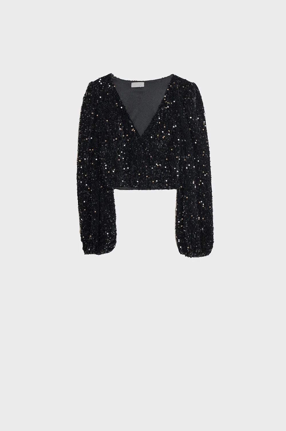 Top con scollo a V e maniche a palloncino con lustrini in nero