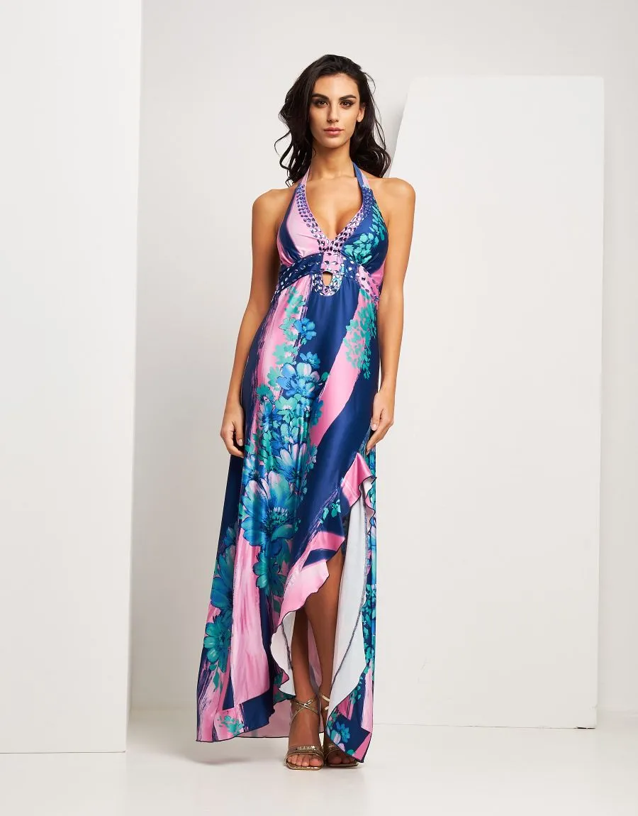 Vestito lungo in jersey fantasia con pietre