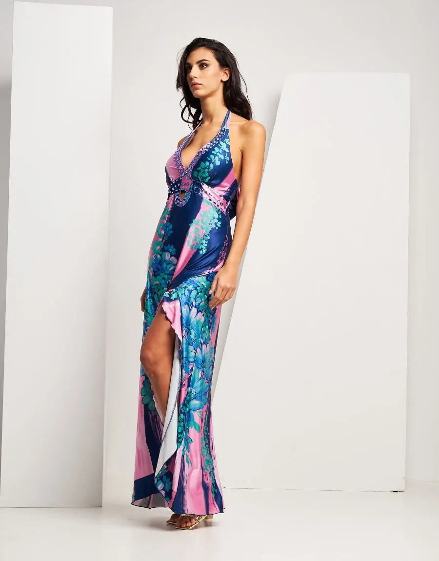 Vestito lungo in jersey fantasia con pietre