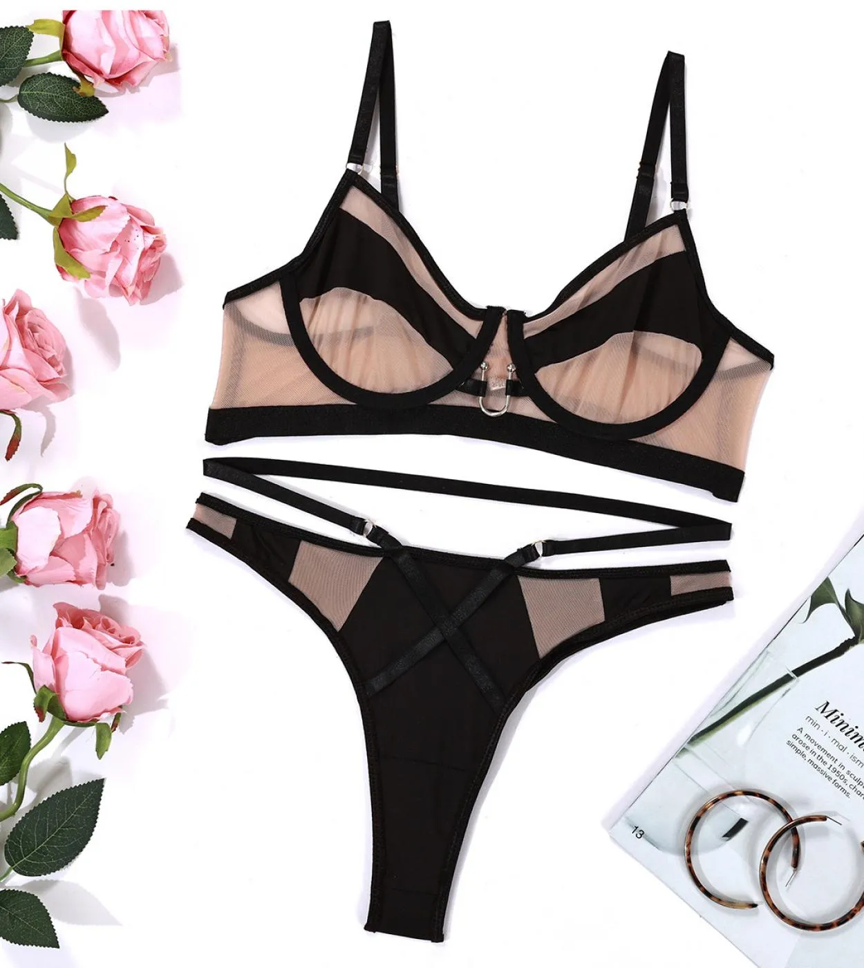 Yimunancy Mesh Patchwork Lingerie Set Set gotico da donna Set intimo corto